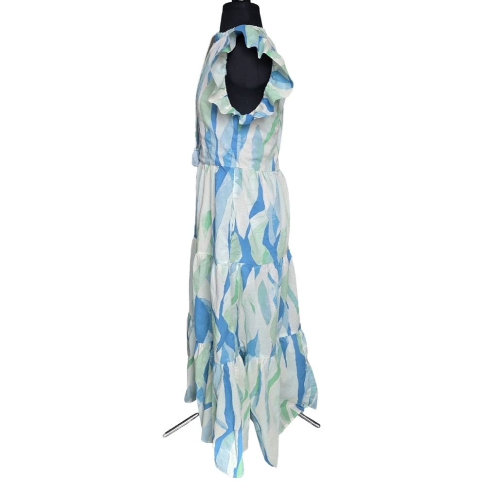 Blue & Green Flutter Sleeve Maxi Dress 100% Cotton Size S Coastal Cottagecore - Picture 4 of 11